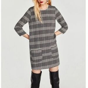 Zara Trafaluc Black Glen Plaid Tweed Dress 3/4 Sleeves